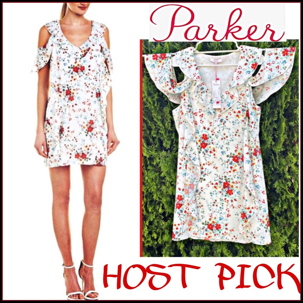 NWT PARKER FLORAL COLD-SHOULDER MINI RUFFLE DRESS - Picture 2 of 13